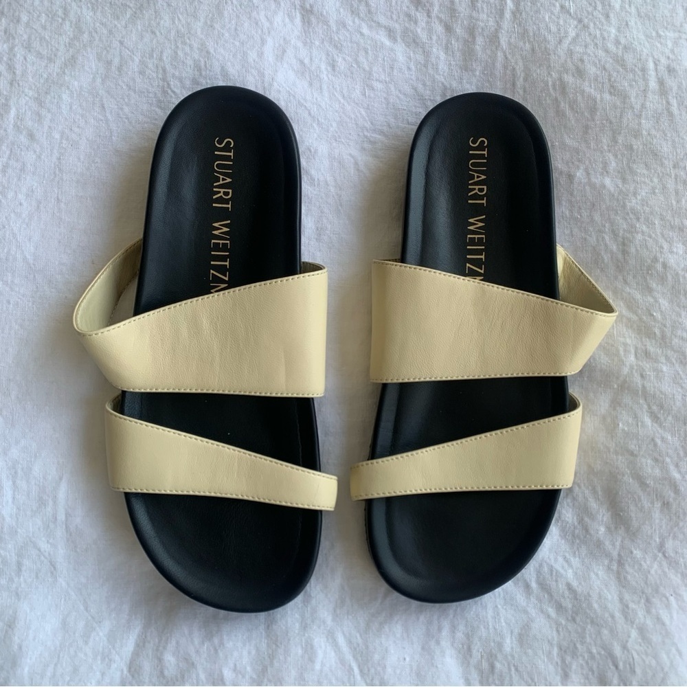 Stuart Weitzman Miami Leather Sport Slide Sandals Beige Cream